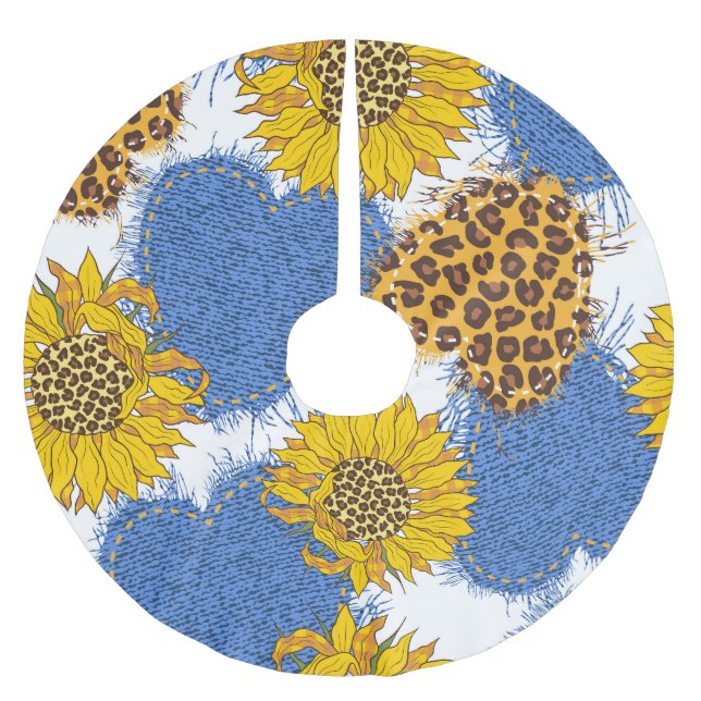 Denim Hearts Leopard Sunflowers Muster Polyester Weihnachtsbaumdecke (Vorderseite)