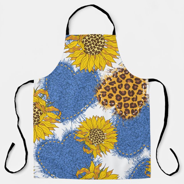 Denim Hearts Leopard Sunflowers Muster Schürze (Vorderseite)
