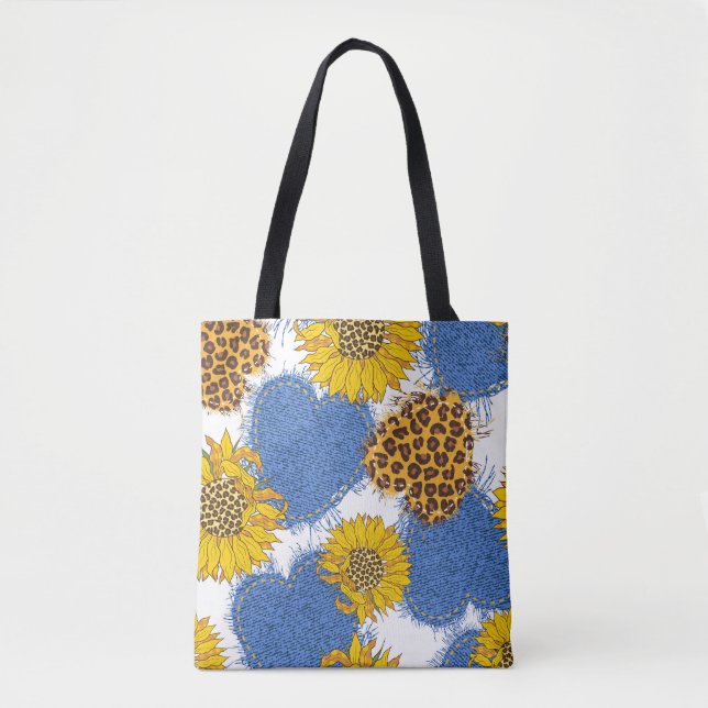 Denim Hearts Leopard Sunflowers Muster Tasche (Vorderseite)