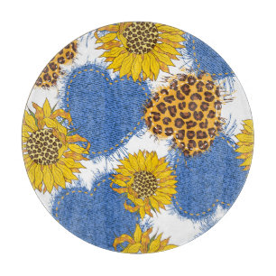 Denim-Herzen Leoparden-Sonnenblumen-Muster Schneidebrett