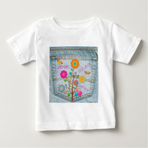 Denim-Hintertaschen-Blumen Frieden Liebe Hoffnung Baby T-shirt