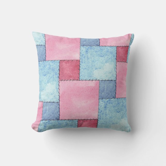 Denim-Imitat-Patchwork, Rosa, Blues Kissen (Vorderseite)