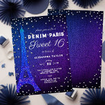 Denim in Paris Glitzer Elegant Lila Sweet 16 Einladung<br><div class="desc">Eine elegante,  stilvolle und elegante Sweet 16 Party Einladung mit einem Pariser Thema,  kombiniert mit einem Denim- und Diamantenthema! Es verfügt über einen Eiffelturm mit blauen Glitzer,  Diamanten- und Rhinestonstreuen (d.h. digitale Effekte,  kein Glitzer oder Nashörner),  rustikale Typografie kombiniert mit Skriptkalligraphie und einen denim Hintergrund mit starkem lila Licht.</div>