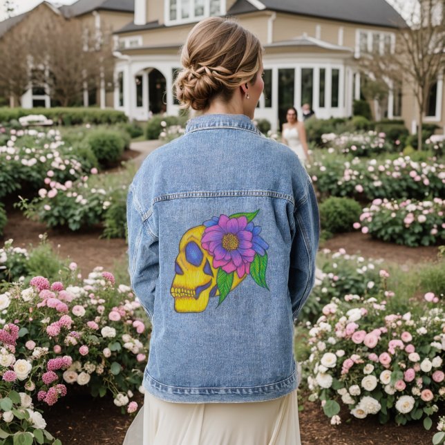 Denim Jacket With Abstract Skull and Flower Art Jeansjacke (Hochzeit Rückseite)