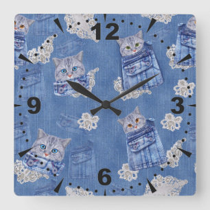 Denim Jean pockets,Kittens and Lace Quadratische Wanduhr