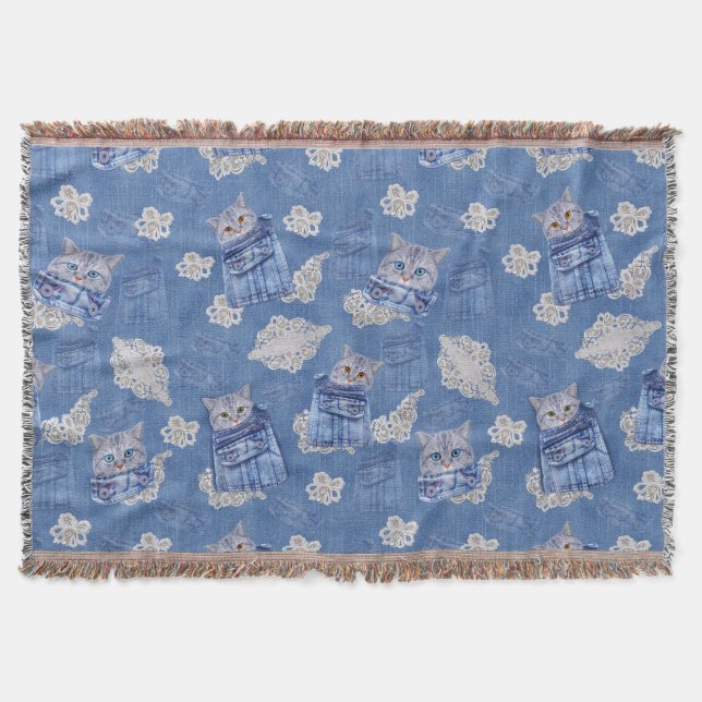 Denim Jean-Taschen, Kätzchen und Spitzen Decke (Vorderseite)