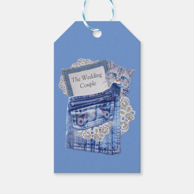 Denim Jean-Taschen, Kätzchen und Spitzen Geschenkanhänger (Vorderseite)