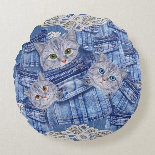 Denim Jean-Taschen, Kätzchen und Spitzen Rundes Kissen (Vorderseite)