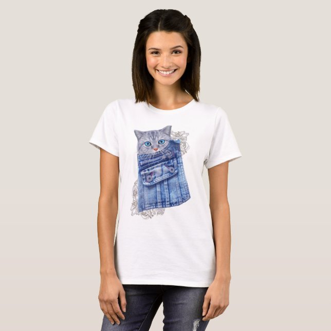 Denim Jean-Taschen, Kätzchen und Spitzen T-Shirt (Vorne ganz)