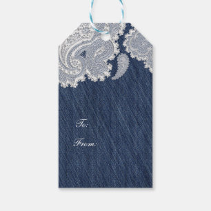 Denim Jean- und weißer Spitzen-eleganter Brauthoch Geschenkanhänger