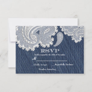 Denim-Jean- und Weißspitze-elegante Hochzeits-RSVP RSVP Karte