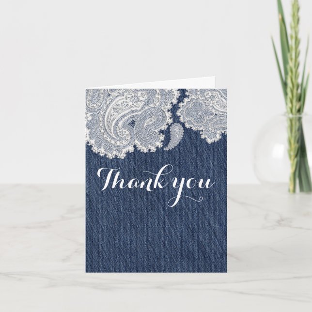 Denim Jean & White Lace Elegant Bridal Wedding Dankeskarte (Vorderseite)