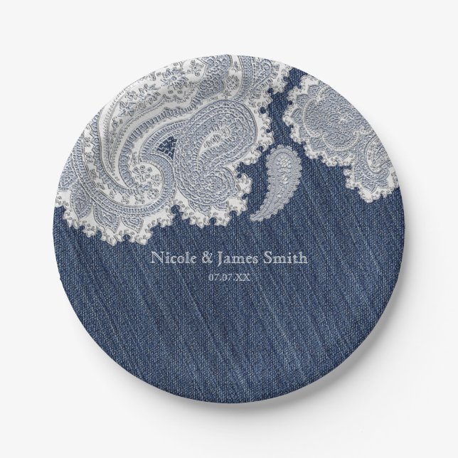 Denim Jean & White Lace Elegant Bridal Wedding Pappteller (Vorderseite)
