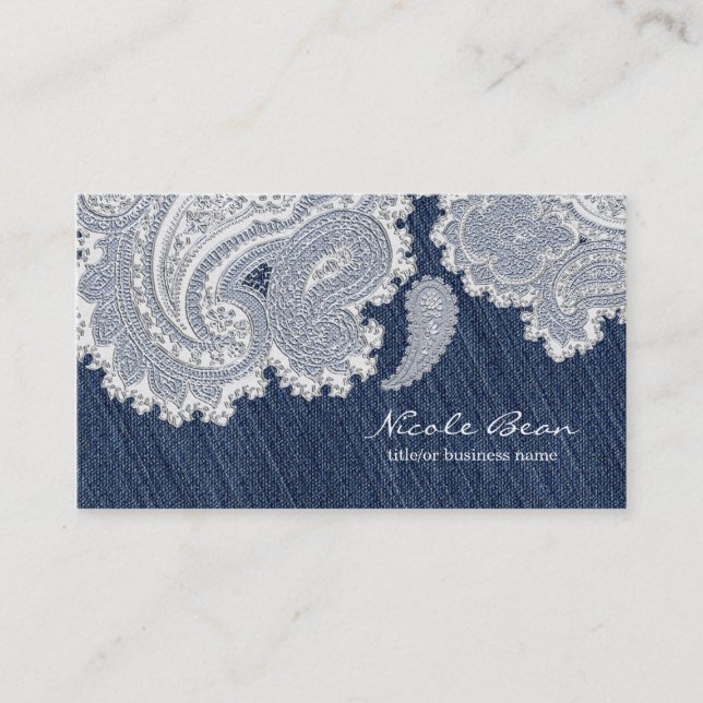 Denim Jean & White Lace Elegant Wedding Visitenkarte (Vorderseite)