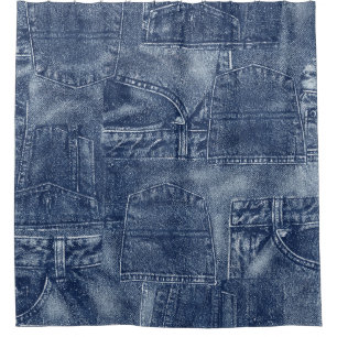 Denim Material in einem Patchwork-Taschenmuster. Duschvorhang