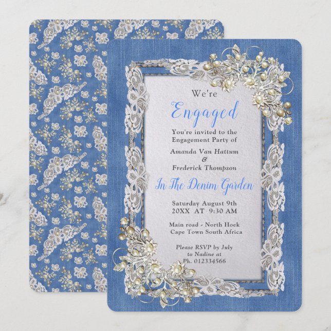 Denim mit Cream Blume Lace and Pearls Einladung (Vorne/Hinten)