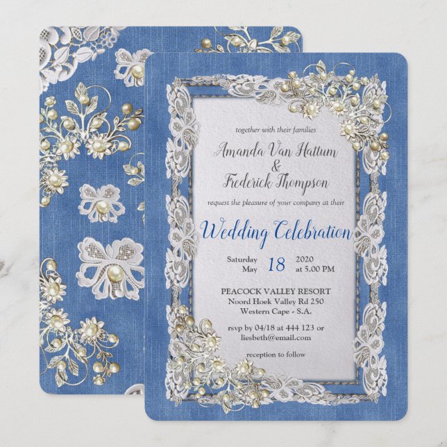 Denim mit Cream Blume Lace and Pearls Einladung (Vorne/Hinten)