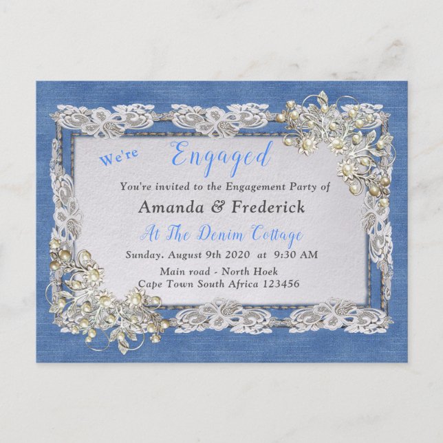 Denim mit Cream Blume Lace and Pearls Einladungspostkarte (Vorderseite)