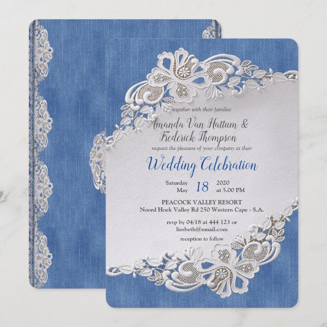 Denim mit Cream Blume Lace Einladung (Vorne/Hinten)