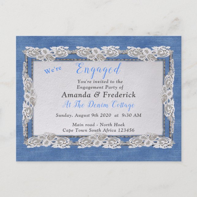 Denim mit Cream Blume Lace Einladungspostkarte (Vorderseite)
