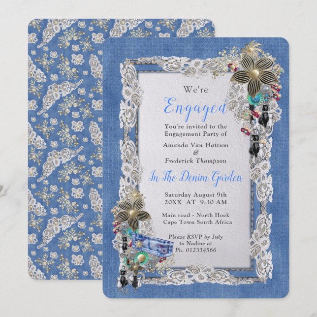 Denim mit Cream Blume Lace und Kostümschmuck Einladung (Vorne/Hinten)