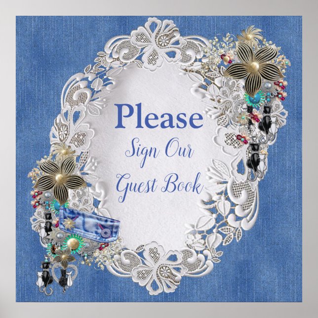 Denim mit Cream Blume Lace und Kostümschmuck Poster (Vorne)