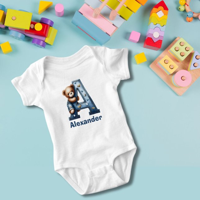 Denim Monogram A Teddy Bear Baby Strampler (Von Creator hochgeladen)