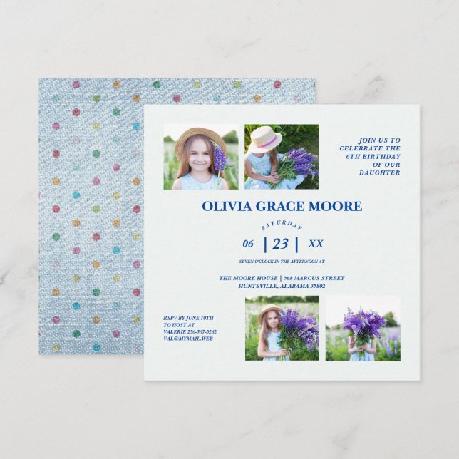 Denim Multicolored Polka Dots Children Birthday Einladung (Vorne/Hinten)
