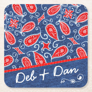 Denim-Paisley-niedliche rote weiße und blaue mit Rechteckiger Pappuntersetzer