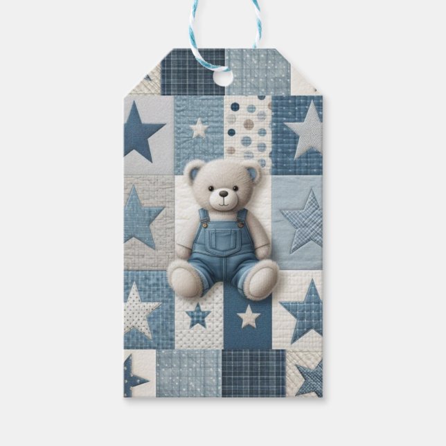 Denim Patchwork Bear Napkins Geschenkanhänger (Vorderseite)