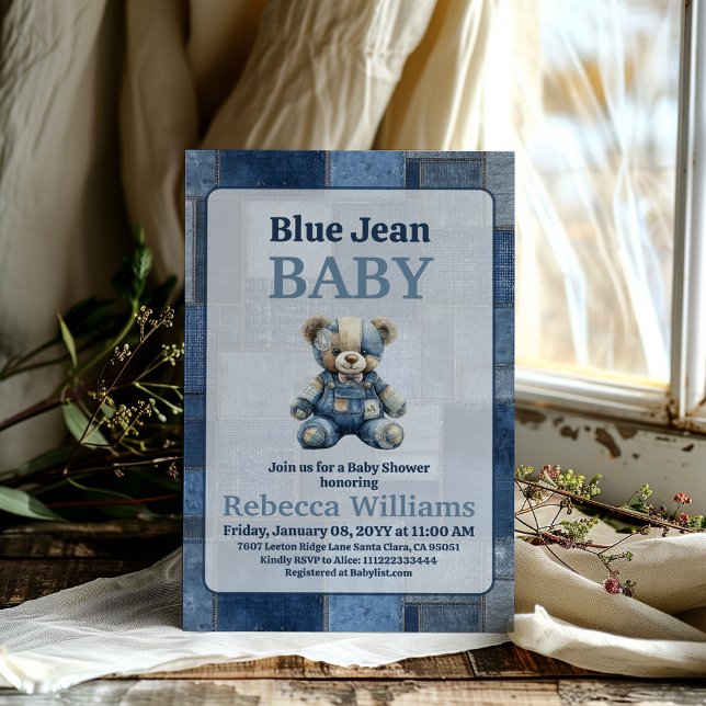 Denim Patchwork Bear Toy Blue Jean Baby Shower Einladung (Von Creator hochgeladen)