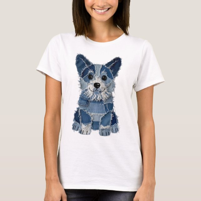 Denim-Patchwork-Corgi-Hund T-Shirt (Vorderseite)