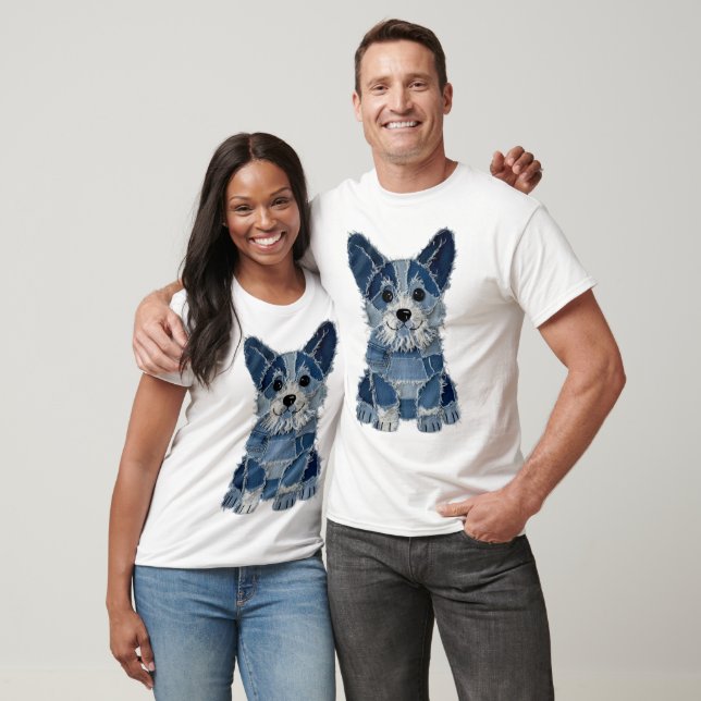 Denim-Patchwork-Corgi-Hund T-Shirt (Unisex)