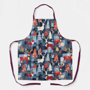 Denim-Patchwork-Karo-Weihnachtsbäume & Rentiere Schürze