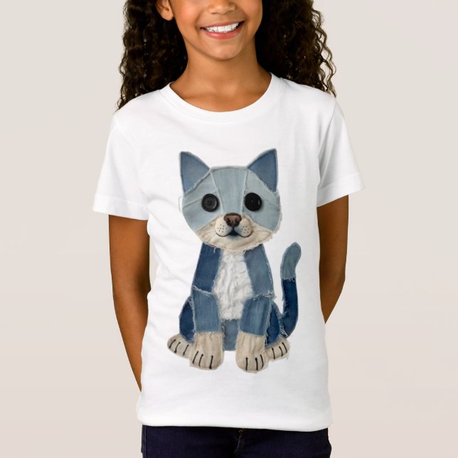 Denim-Patchwork-Katze T-Shirt (Vorderseite)