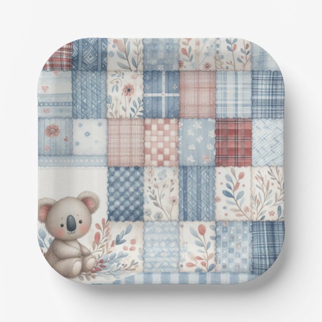 Denim Patchwork Koala - Square Paper Plate Pappteller (Vorderseite)
