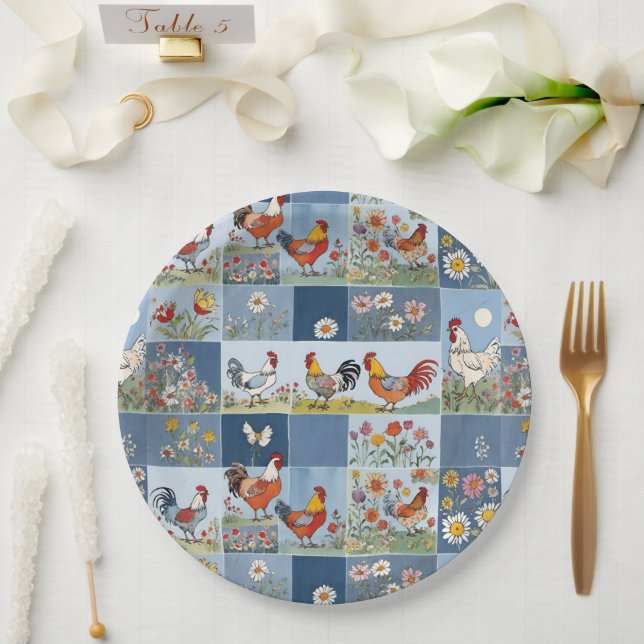 Denim Patchwork mit Hühnern und Wildblumen Pappteller (Hochzeit)