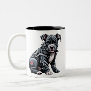 Denim-Patchwork-Pitbull-Hund edler Rocker Gothic Zweifarbige Tasse