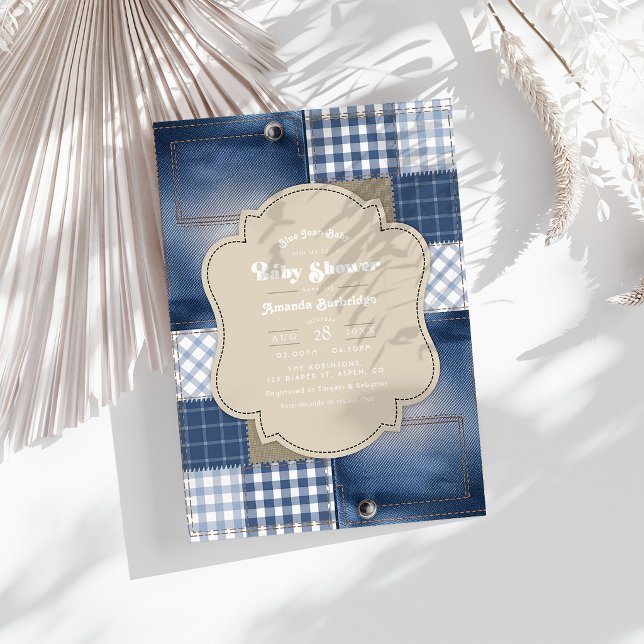 Denim Patchwork Rustic Chic Blue Jean Baby Shower Einladung (Denim Patchwork Rustic Chic Blue Jean Baby Shower Invitation)