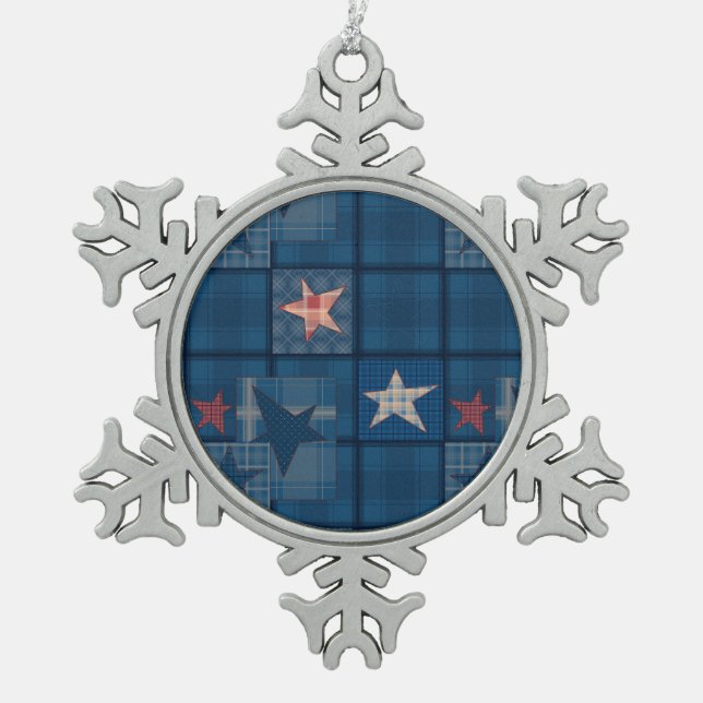 Denim Patchwork Schneeflocken Zinn-Ornament (Vorderseite)