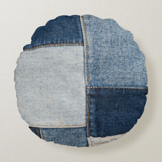 Denim Patchwork: Vintages Textilmuster Rundes Kissen (Vorderseite)
