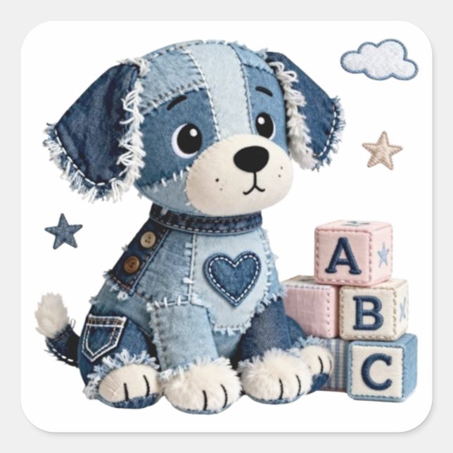 Denim-Patchwork-Welpe Quadratischer Aufkleber (Vorderseite)