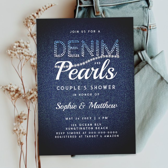 Denim Pearls Couple Polterabend Moderne Rustikal Einladung (denim and pearls elegant rustic modern country couple wedding shower invitation joint blue white)