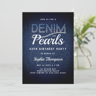 Denim Pearls Elegant Rustikale Moderne 50. Geburts Einladung