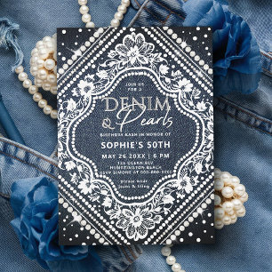 Denim Pearls Lace Elegant Moderne 50. Geburtstag Einladung