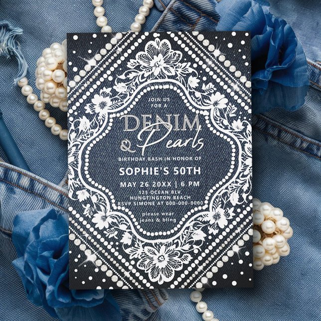 Denim Pearls Lace Elegant Moderne 50. Geburtstag Einladung (denim lace pearls birthday invitation 50th party elegant diamond shape frame classy modern chic)