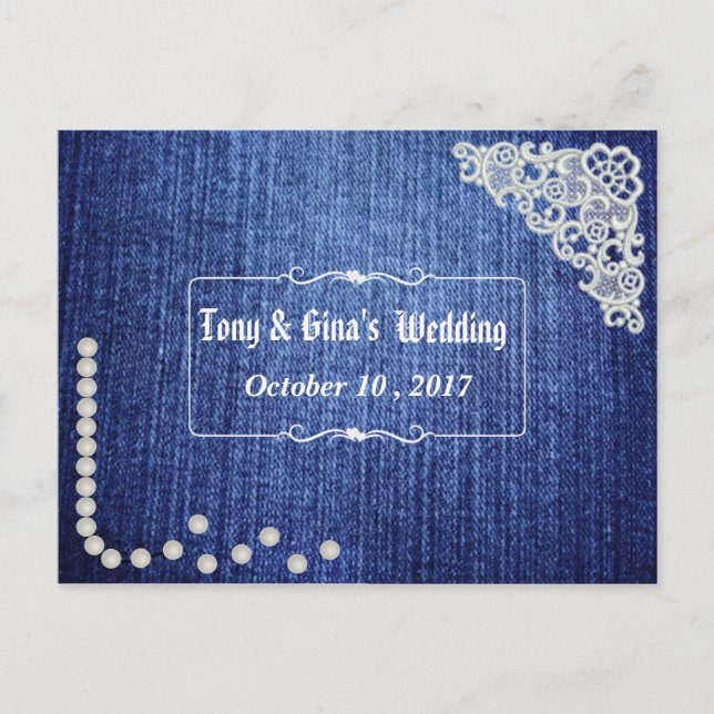 Denim Pearls & Lace Wedding RSVP Einladungspostkarte (Vorderseite)