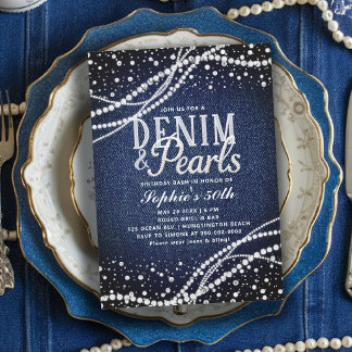 Denim Perlen Blau Moderne Elegante 50. Geburtstag Einladung