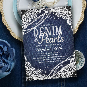 Denim Perlen Spitze Modern Elegant 50. Geburtstag Einladung