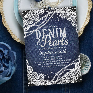 Denim Perlen Spitze Modern Elegant 50. Geburtstag Einladung